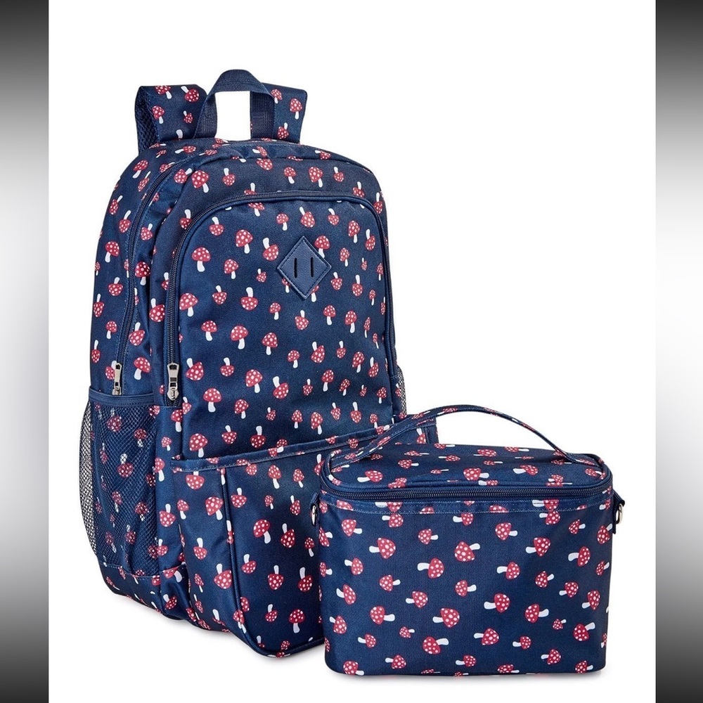 Navy Blue Backpack and Lunchbox Set with Red Mushroom Print